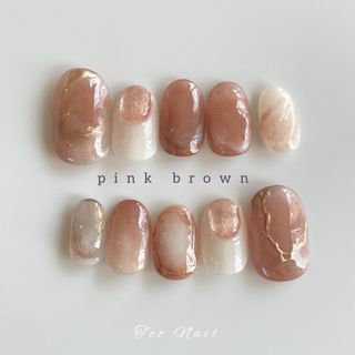 \期間限定お値引中/【現品】pink brown🩷🤎アンティークゴールドネイル ハンドメイドのアクセサリー(ネイルチップ)の商品写真