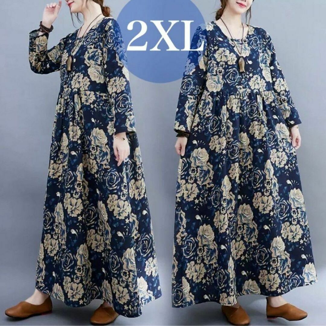 マキシ丈 ワンピース♡レディース♡ゆったり 体型カバー 花柄♡2XL レディースのワンピース(ロングワンピース/マキシワンピース)の商品写真