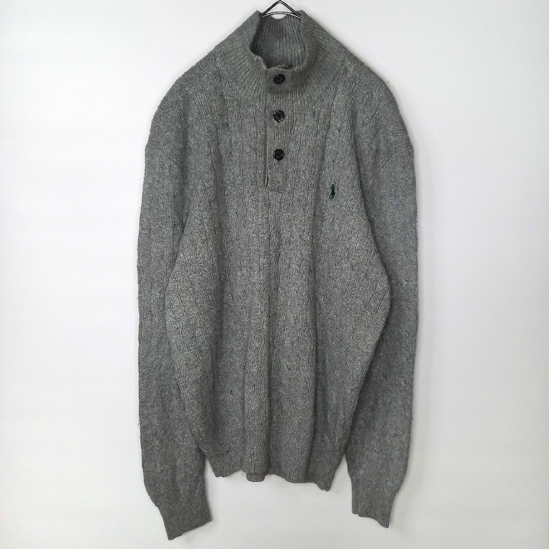 POLO RALPH LAUREN(ポロラルフローレン)の90s　ラルフローレン　ハーフジップ　シルクニット　ケーブル編み　刺繍　灰色　M メンズのトップス(ニット/セーター)の商品写真