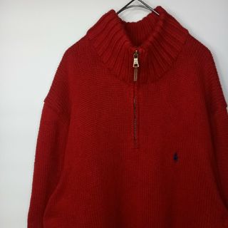 ポロラルフローレン(POLO RALPH LAUREN)のラルフローレン　ハーフジップ　コットンニット　セーター　刺繍ロゴ　レッド　XL(ニット/セーター)