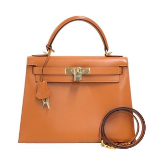 エルメス(Hermes)の　エルメス HERMES ケリー28 外縫い □H刻 オレンジ ゴールド金具 ボックスカーフ レディース ハンドバッグ(ハンドバッグ)