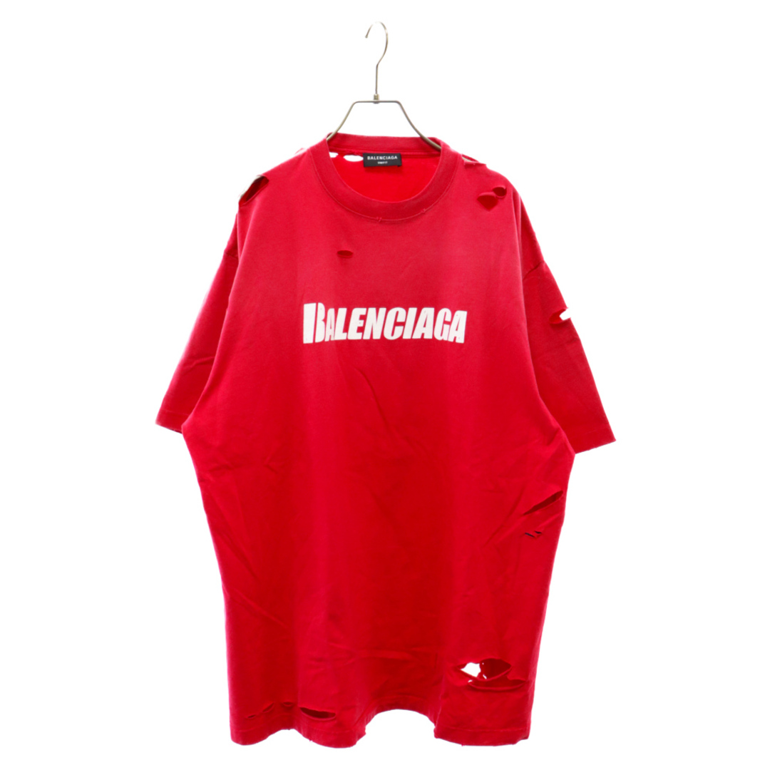 565センチ袖丈BALENCIAGA バレンシアガ 21SS Caps Destroyed Flatground Tee デストロイ加工 ロゴプリント 半袖Tシャツ ピンク 651795 TKVB8