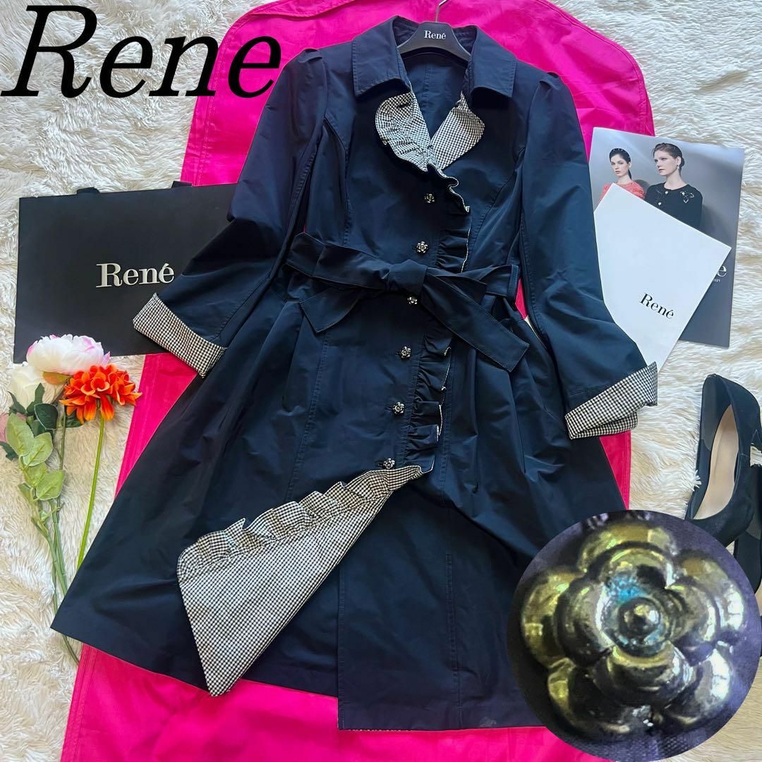 René - 【美品】Rene ライトアウター ネイビー 36 ギンガムチェック