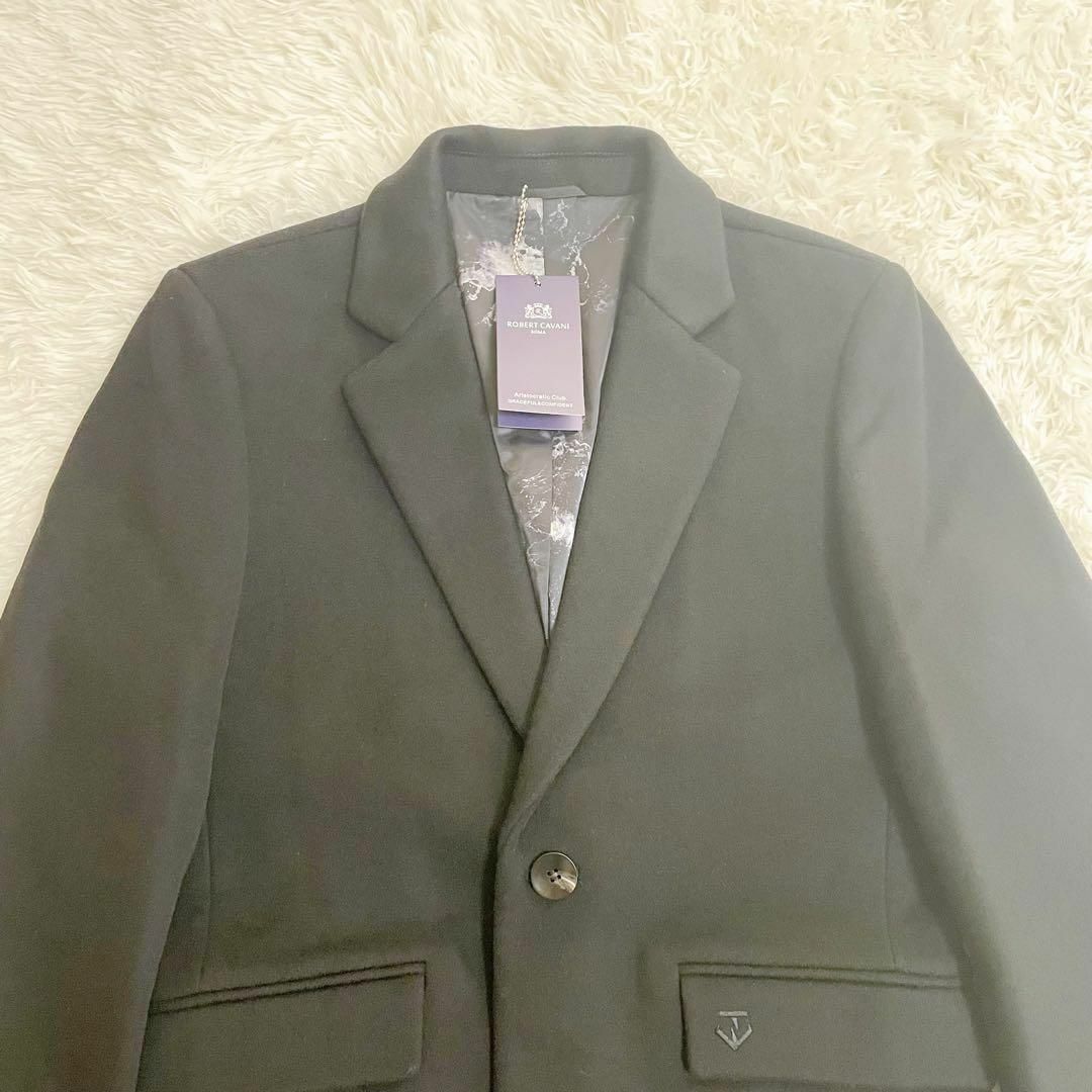 新品　ROBERT CAVANI チェスターコート　カシミア　総柄　黒　ロング メンズのジャケット/アウター(チェスターコート)の商品写真