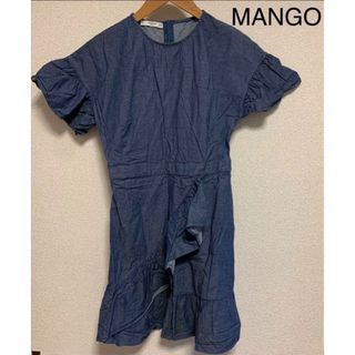 マンゴ(MANGO)の【美品】MANGO ワンピース　紺色　デニム風　XXSサイズ　半袖(ミニワンピース)