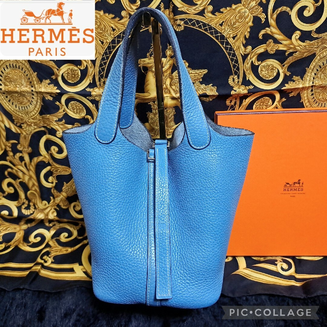 HERMES バッグ ピコタン PM ブルージーン □I刻印 エルメスレザー本革サイズ