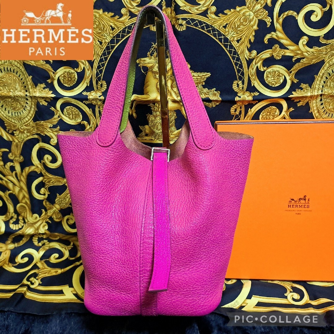 □J刻印あり素材HERMES バッグ ピコタン  PM バイカラー ピンク 黄緑 □J刻印