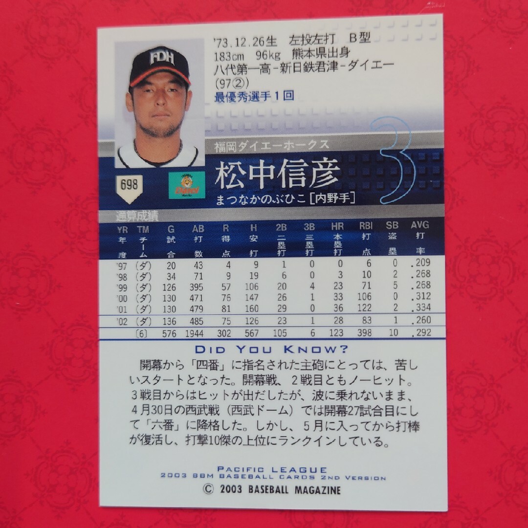 福岡ソフトバンクホークス(フクオカソフトバンクホークス)のプロ野球カード 松中信彦選手⑩ エンタメ/ホビーのテーブルゲーム/ホビー(野球/サッカーゲーム)の商品写真