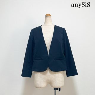 エニィスィス(anySiS)のanySiS リネン混カラーレスジャケット ネイビー お仕事 セレモニー(ノーカラージャケット)