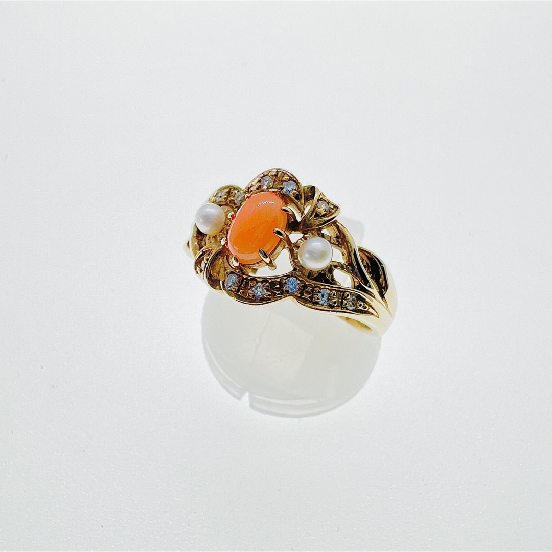 K10 ピンク珊瑚　パール　ダイヤモンドリング レディースのアクセサリー(リング(指輪))の商品写真