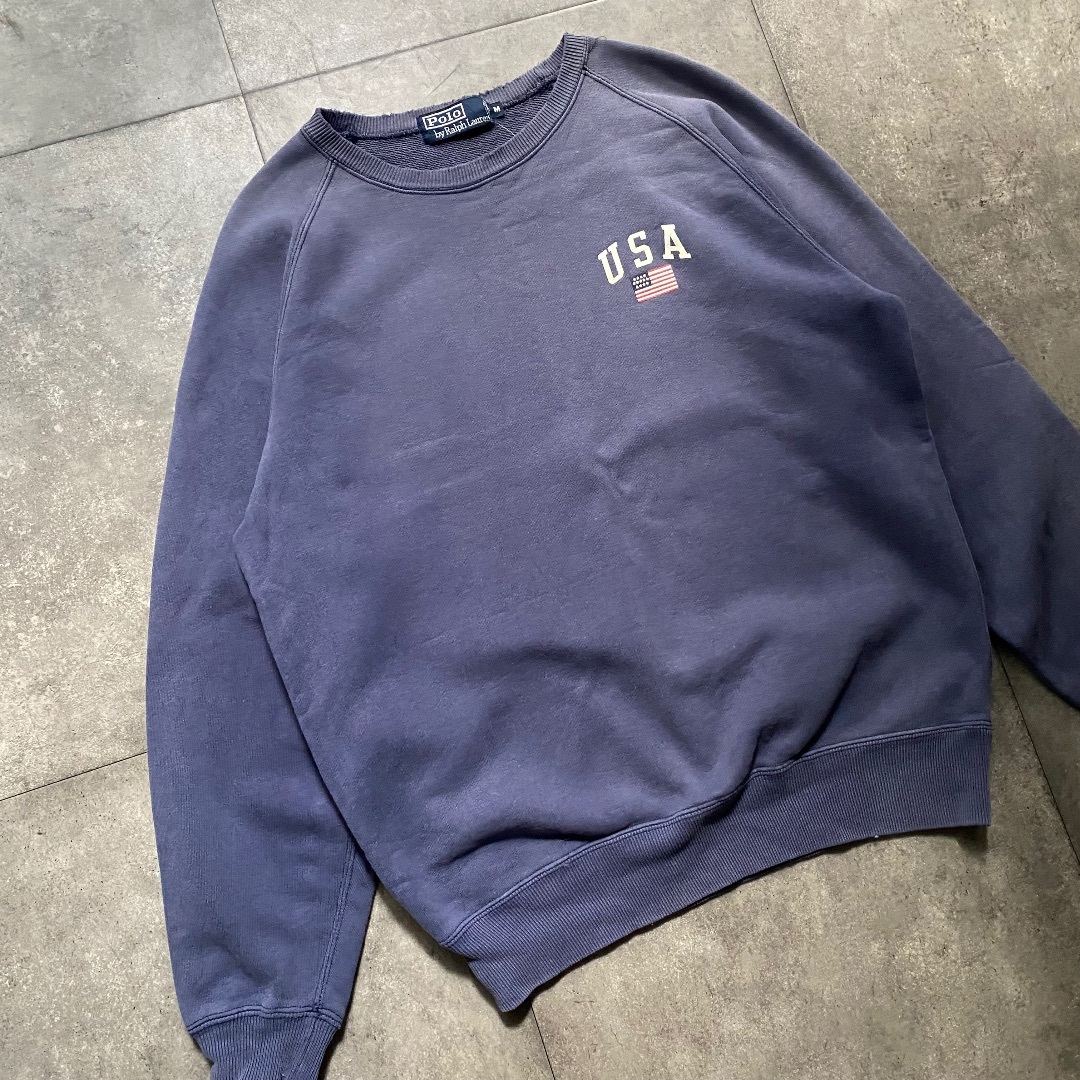 POLO RALPH LAUREN(ポロラルフローレン)の90s ラルフローレン ラグランスウェット M ネイビー サンフェード メンズのトップス(スウェット)の商品写真