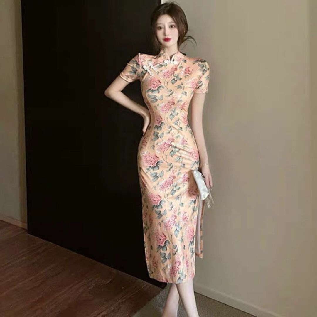 新品【M】チャイナドレス　ワンピース　半袖　花柄 レディースのフォーマル/ドレス(ロングドレス)の商品写真