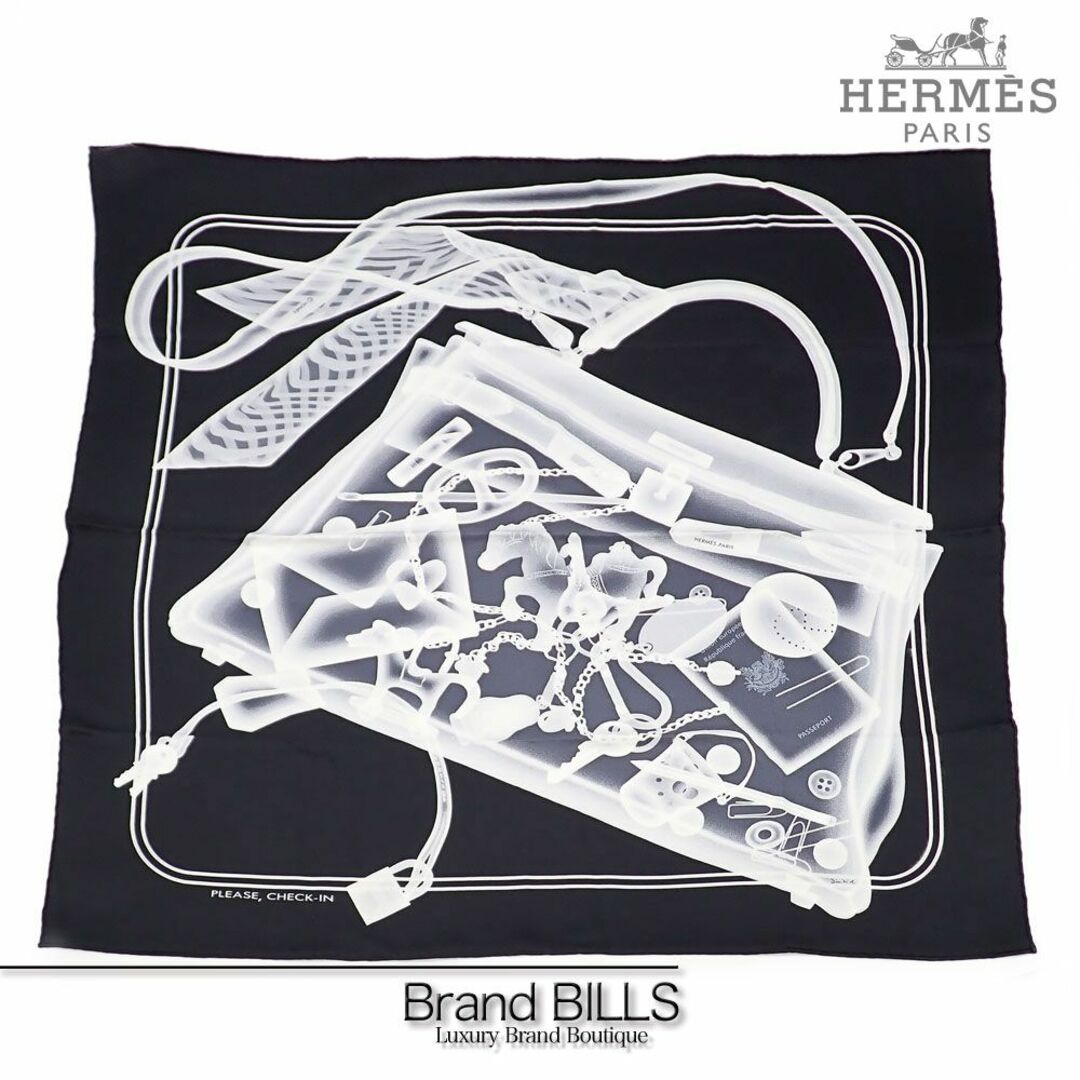Hermes(エルメス)の未使用品 エルメス カレ70 プリーズ チェックイン スカーフ H982510S ブラック ホワイト シルク ケリー スキャン  レディースのファッション小物(バンダナ/スカーフ)の商品写真