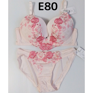 E80 ブラジャー&ショーツ 上下セット 淡いピンク 花柄 刺繍 刺しゅう 新品(ブラ&ショーツセット)