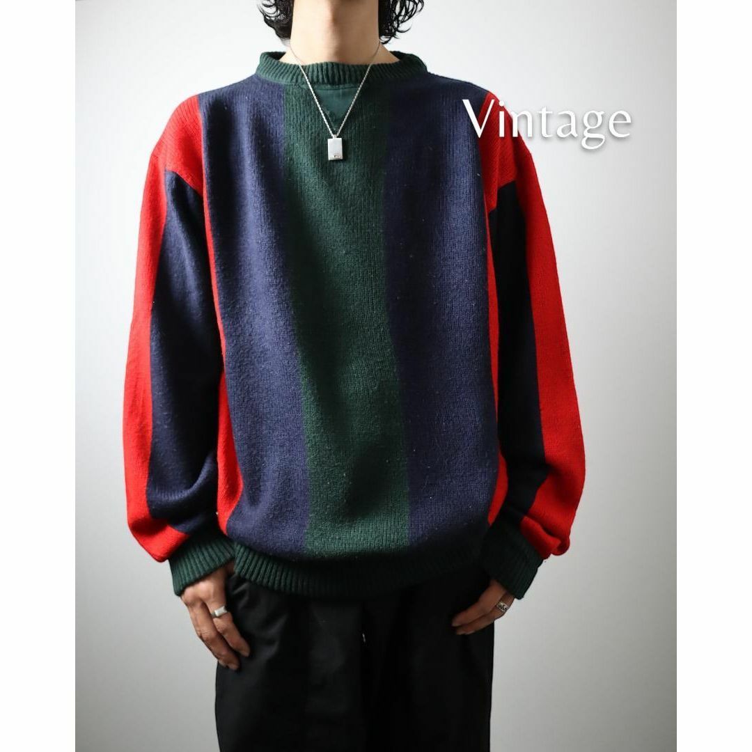 ART VINTAGE(アートヴィンテージ)の【vintage】トライカラー ワイドストライプ クルーネック ニット セーター メンズのトップス(ニット/セーター)の商品写真