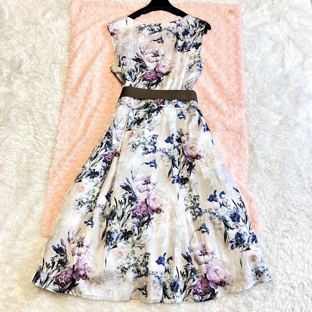 ローラアシュレイ ロングワンピース L リボン フレア ホワイト 花柄 総柄