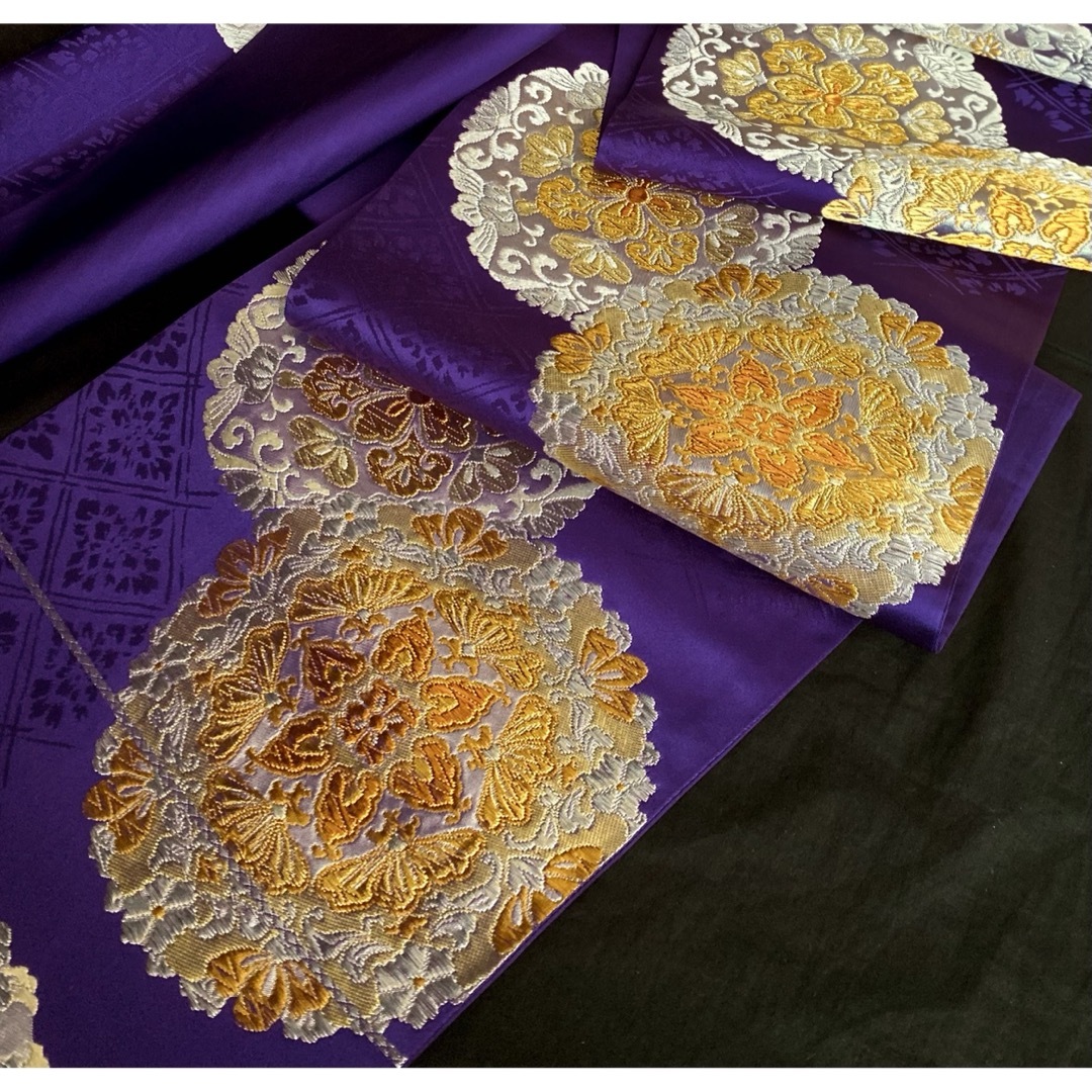 ⁡ 〈華紋の紫の袋帯〉SALE 紫色　アンティーク　華紋　織り出　豪華　美品 ⁡