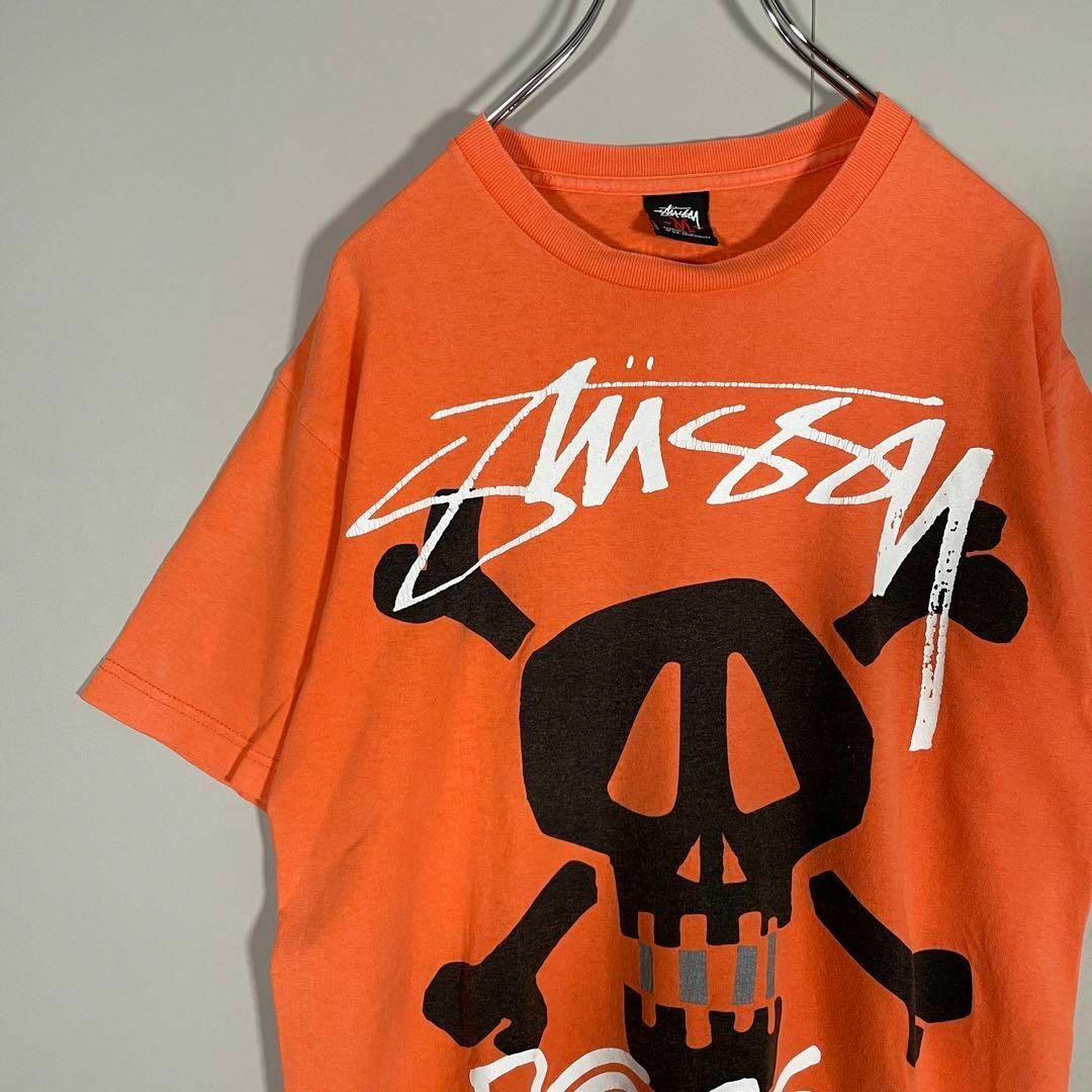 Colorオレンジ【メキシコ製、スカルロゴ◎】stussyビッグプリントTシャツ半袖sk8M