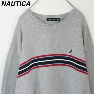 ノーティカ(NAUTICA)の【3XLサイズ】ノーティカ／コットンニット　刺繍ロゴ　ボーダー柄　グレー　綿(ニット/セーター)