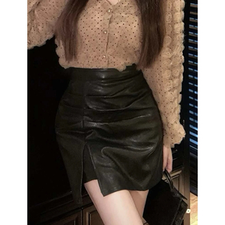 韓国 フェイクレザー スカート ブラック F(ミニスカート)