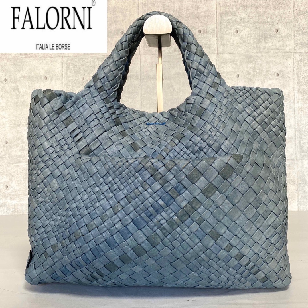 【良品】FALORNI イントレチャート アイスグレー ラムレザー トートバッグ