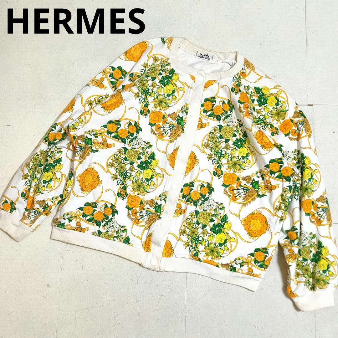 ニット/セーター美品 HERMES ニットセーター カーディガン 花総柄 ボタニカル Mサイズ