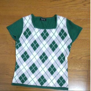 スクエアカットニット　グリーン　タータンチェックトップス カットソー 半袖(ニット/セーター)