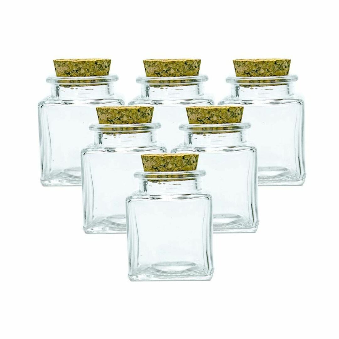24個の透明なガラス瓶にコルク栓が付いています。四角形、容量50 ml、ミニガラ容器