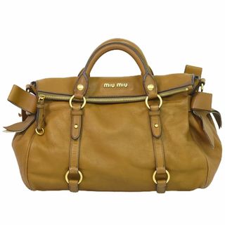 ミュウミュウ(miumiu)の本物 ミュウミュウ MIU MIU レザー ハンドバッグ ブラウン RT0365 バッグ 中古(ハンドバッグ)