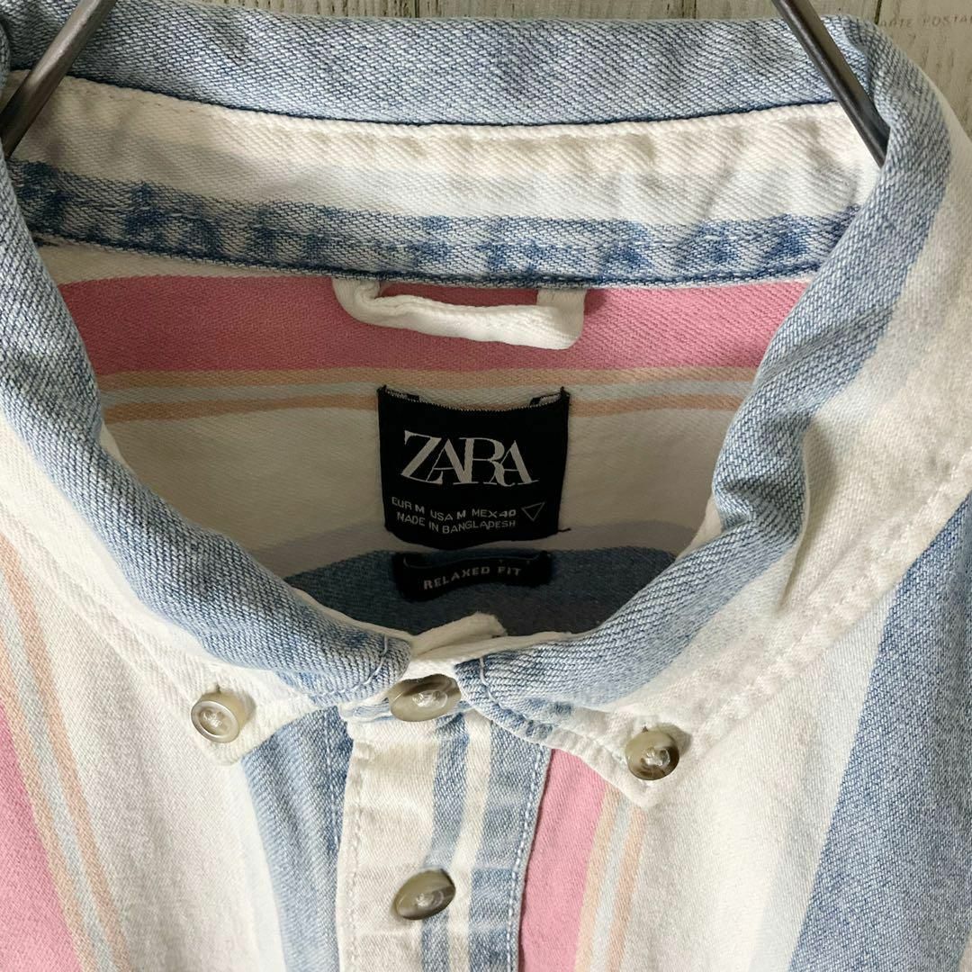 ZARA(ザラ)の柄シャツ メンズ 長袖 M 白 古着 総柄 ストライプ柄 昭和 レトロ ゆるだぼ メンズのトップス(シャツ)の商品写真