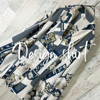 柄シャツ レディース 長袖 M 白 古着 総柄 花柄 レトロ アート ゆるだぼ(シャツ/ブラウス(長袖/七分))