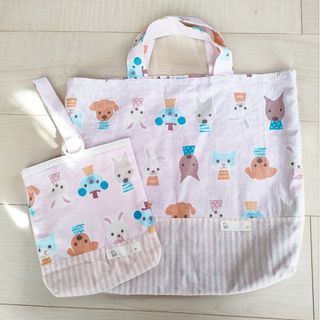 絵本バッグ&上靴入れセット　女の子　動物　ハンドメイド(バッグ/レッスンバッグ)