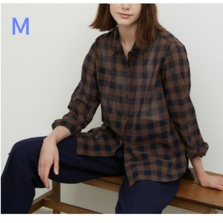 ユニクロ(UNIQLO)のUNIQLO イネス コットンシアーチェックシャツ ブラウン Ｍ レディース(シャツ/ブラウス(長袖/七分))