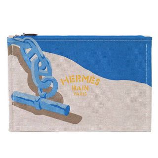 エルメス(Hermes)のエルメス エスカル ア ラ プラージュ Escale a la Plage シェーヌダンクル ヨッティング フラット ポーチ コットン ブルー ニュイ シエル ベージュ 青 シルバー金具 箱付 HERMES（新品・未使用品）(ポーチ)