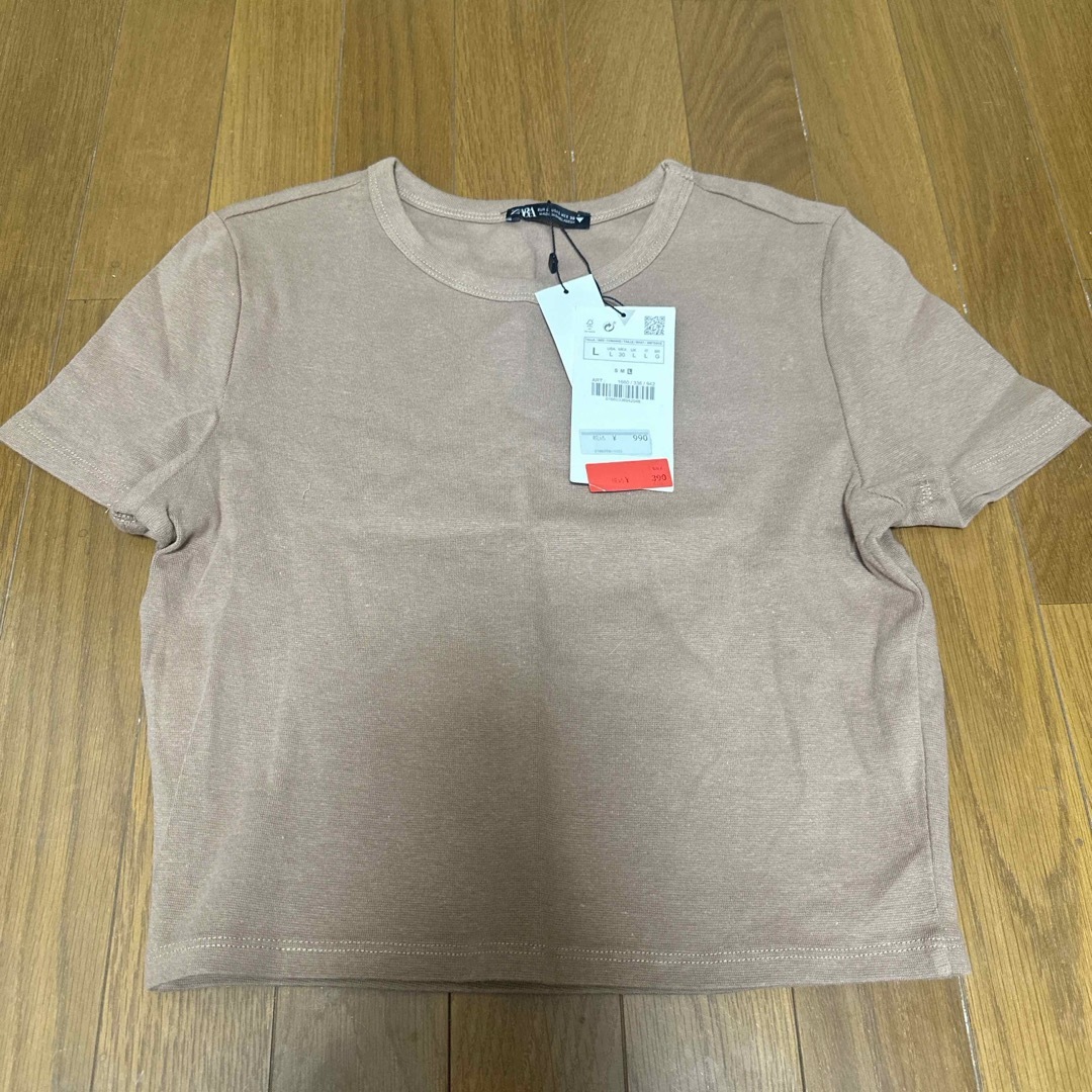 ZARA(ザラ)の【未使用】ZARA ショート丈 Tシャツ ブラウン Lサイズ レディースのトップス(Tシャツ(半袖/袖なし))の商品写真