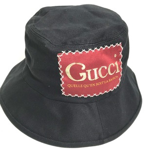 グッチ(Gucci)のグッチ GUCCI ロゴ 627174 ハット帽 帽子 バケットハット ボブハット ハット コットン ブラック 美品(ハット)