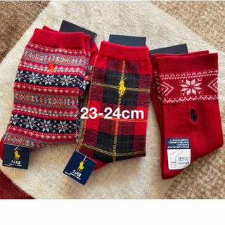 ポロラルフローレン(POLO RALPH LAUREN)のPOLO 靴下 ソックス ポロラルフローレン 女性 赤系　クリスマス　ラム毛混　(ソックス)