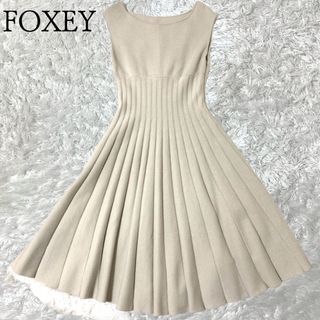 フォクシー(FOXEY)の美品FOXEY カサブランカ ニットワンピース フレア　プリーツ 38 ベージュ(ロングワンピース/マキシワンピース)