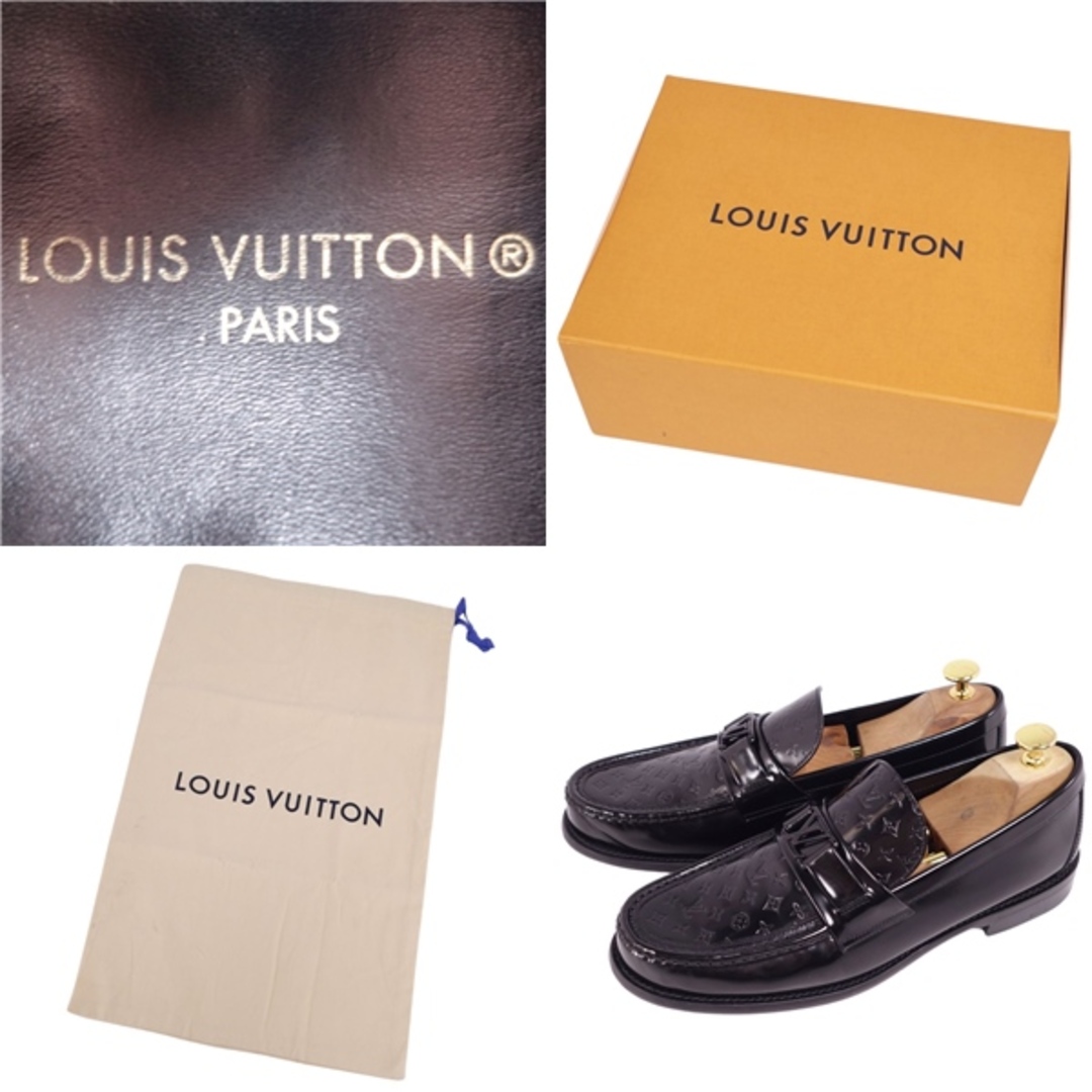 美品 ルイヴィトン LOUIS VUITTON ローファー モカシン メジャーライン LVロゴ金具 モノグラム パテントレザー シューズ メンズ 7(26cm相当) ブラック