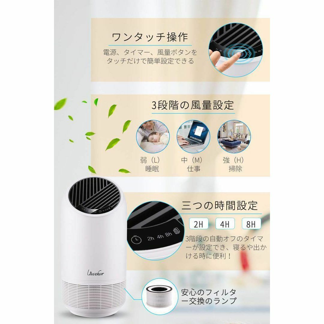 Liwehor 空気清浄機 小型 花粉対策 消臭 静音 省エネ 15畳対応 スマホ/家電/カメラの生活家電(空気清浄器)の商品写真