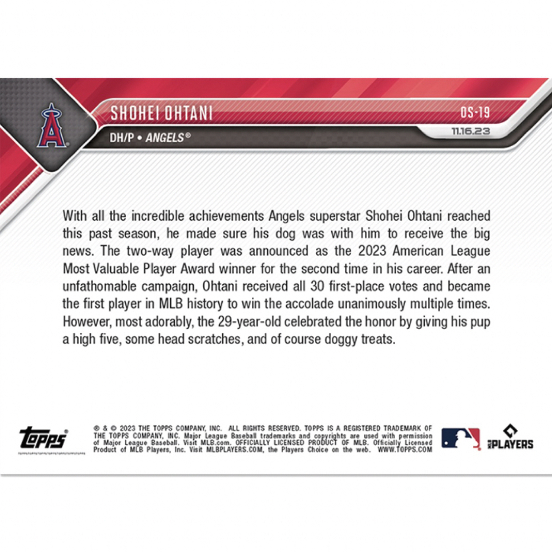 MLB(メジャーリーグベースボール)の大谷翔平 Topps now OS-19 MVP記念 愛犬とのツーショット エンタメ/ホビーのトレーディングカード(シングルカード)の商品写真