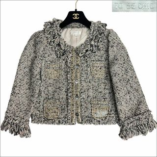 トゥービーシック(TO BE CHIC)のJ6403 美品 トゥービーシック ノーカラー ツイードジャケット グレー 40(ノーカラージャケット)