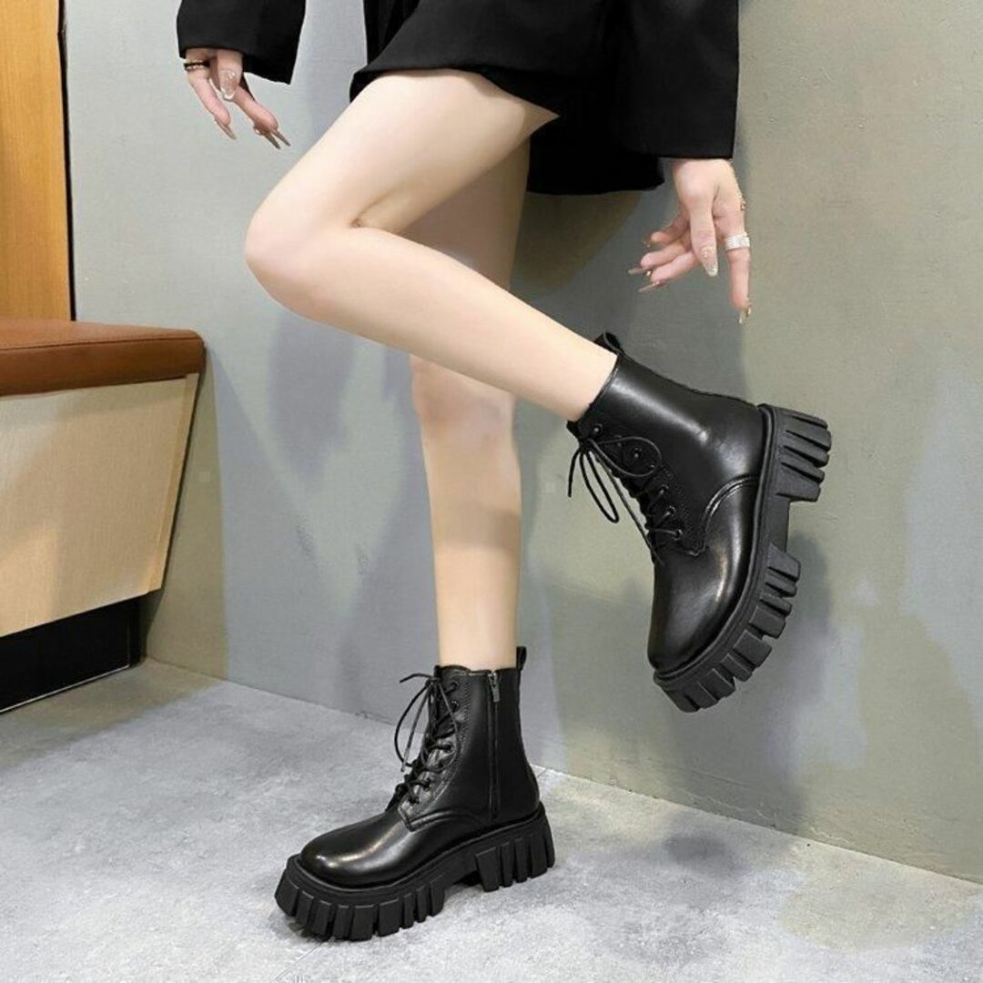 24cmレディース厚底ブーツシューズスニーカー脚長婦人女革レザー靴ブラック黒89 レディースの靴/シューズ(ブーツ)の商品写真