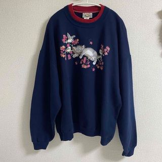 USA製 猫  ネコ ネイビー アニマルプリントスウェット XL 古着(トレーナー/スウェット)