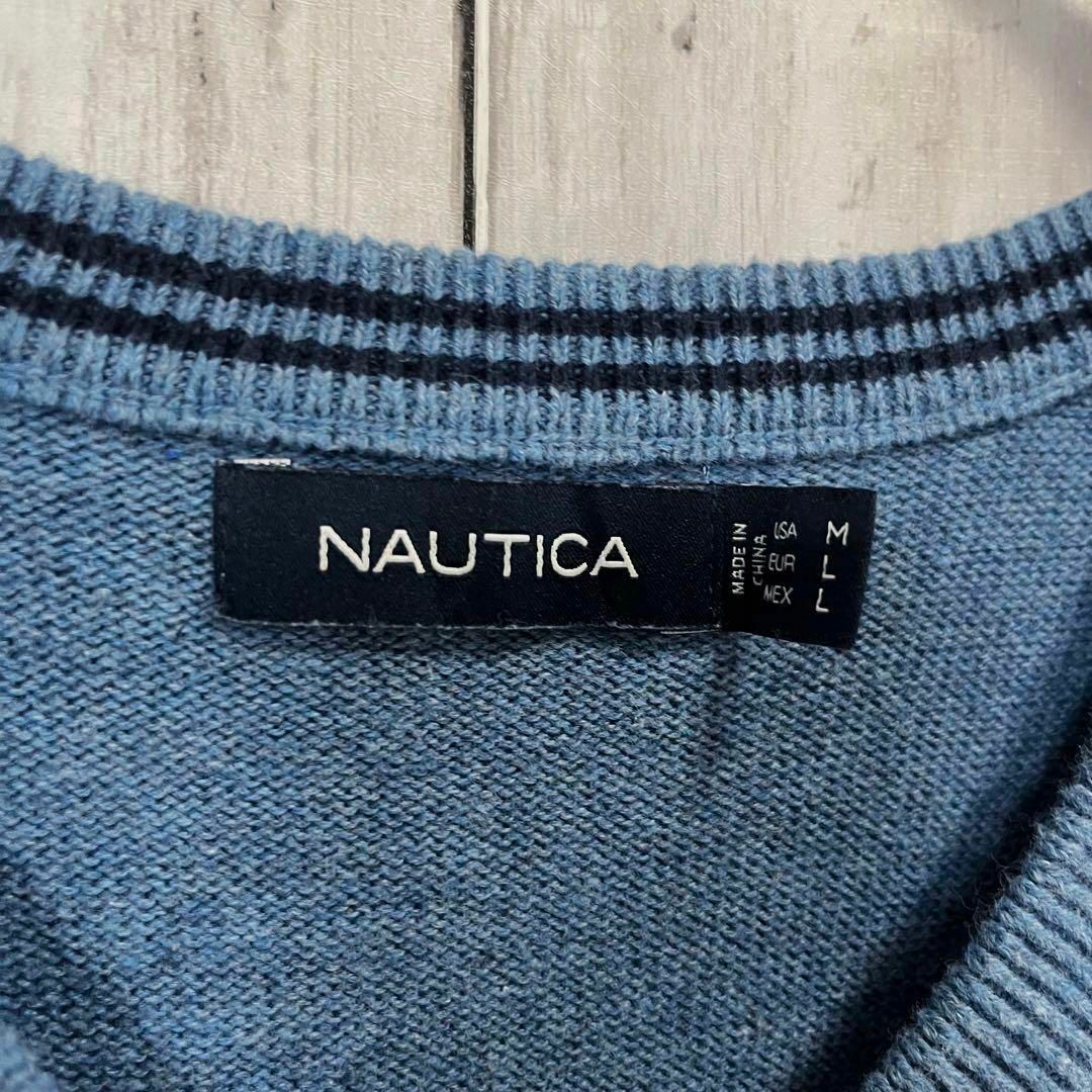 NAUTICA(ノーティカ)のUS古着NAUTICAノーティカ　刺繍ロゴVネックコットンニット　M ブルー メンズのトップス(ニット/セーター)の商品写真