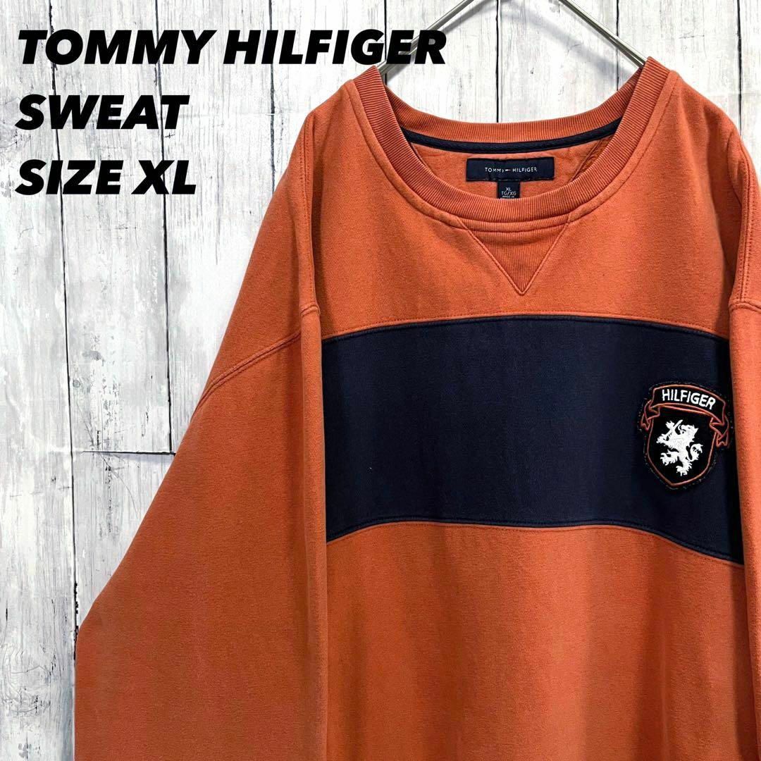 TOMMY HILFIGER(トミーヒルフィガー)のアメリカ古着トミーヒルフィガー　切替カラー刺繍ロゴスエットトレーナー　オレンジ紺 メンズのトップス(スウェット)の商品写真