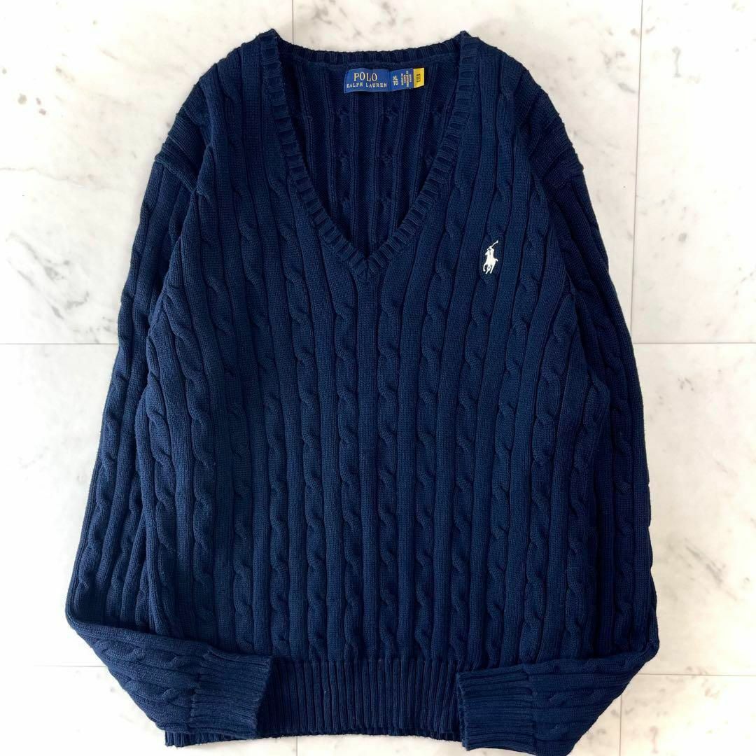 POLO RALPH LAUREN(ポロラルフローレン)の人気♪ポロラルフローレン コットンケーブルニット Vネック ネイビー XL レディースのトップス(ニット/セーター)の商品写真