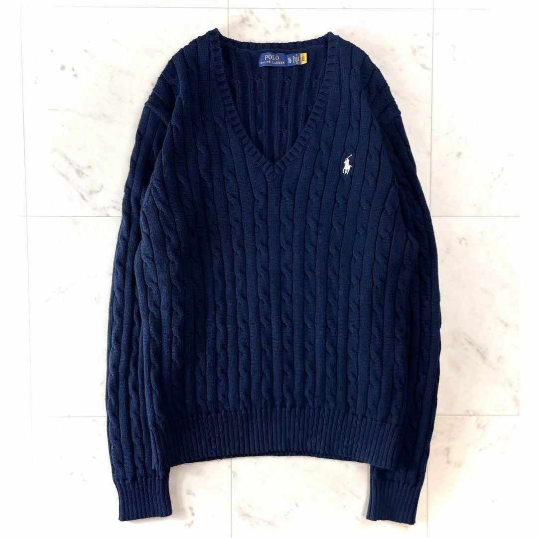 POLO RALPH LAUREN(ポロラルフローレン)の人気♪ポロラルフローレン コットンケーブルニット Vネック ネイビー XL レディースのトップス(ニット/セーター)の商品写真