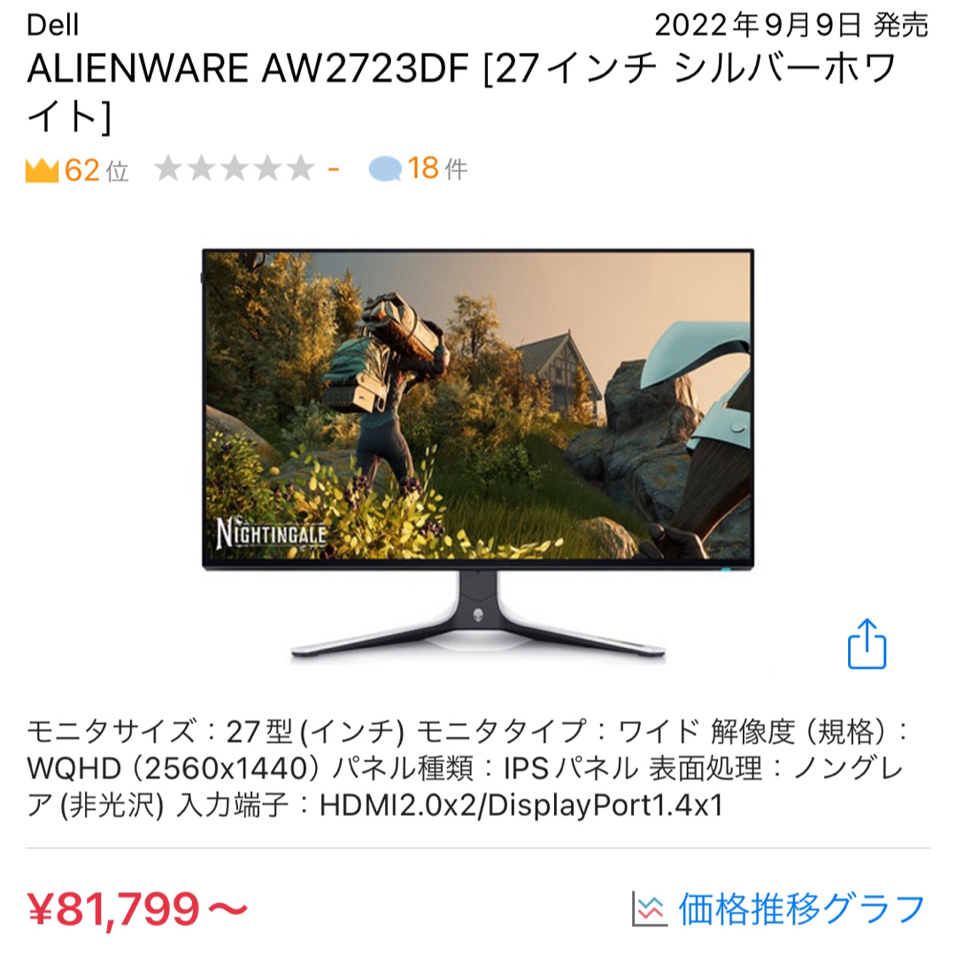 ワイド解像度DELL ALIENWARE AW2723DF 27インチ