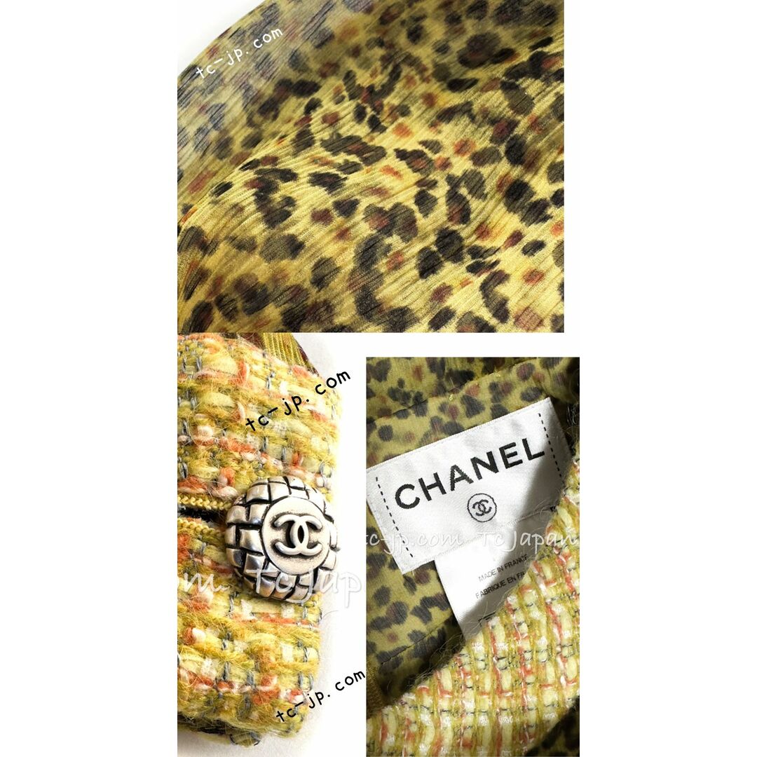 CHANEL(シャネル)の100万越え シャネル ワンピース CHANEL イエロー  CC柄 シルク シフォン 100% ツイード トリム 新品同様 38 貴重すぎる 女優 ドレス レディースのワンピース(ひざ丈ワンピース)の商品写真